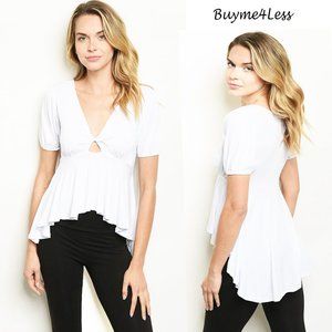 Keyhole Jersey Knit High Low Flutter Ruffle Tunic